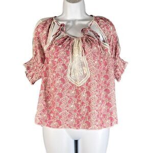 Urban Outfitters Women's Floral Blouse Mesh Sleeve Top Pleated Pink Rose Small